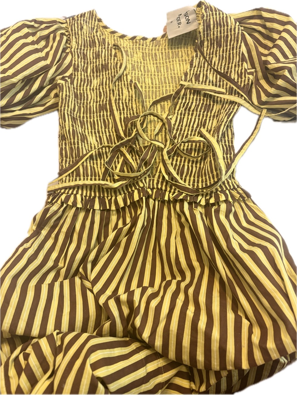 Damson Madder Bluebelle Reversible Smocked Stripe Midi Dress Yellow Brown - Picture 5 of 5